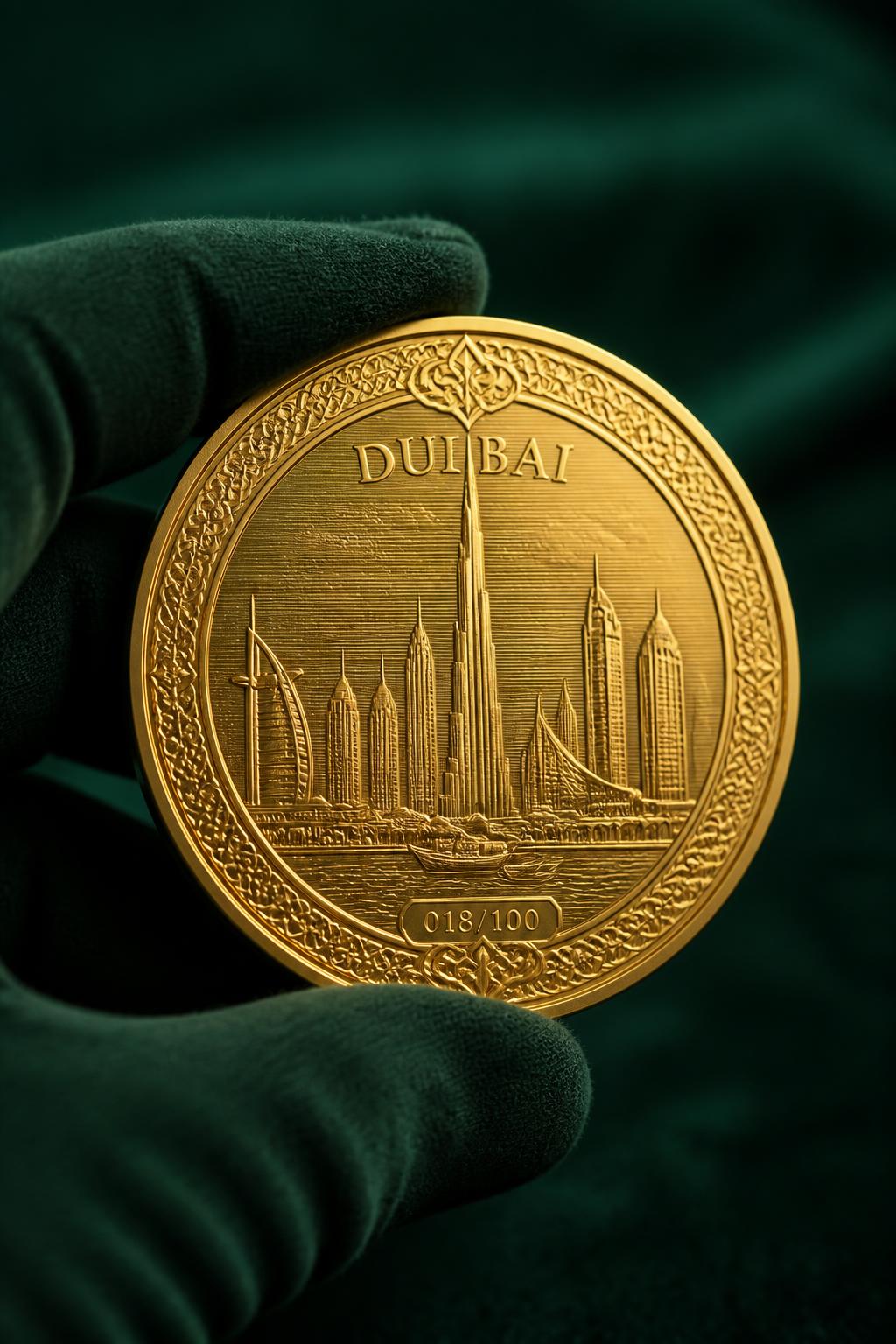 Golden collector medallion engraved with the Dubai skyline