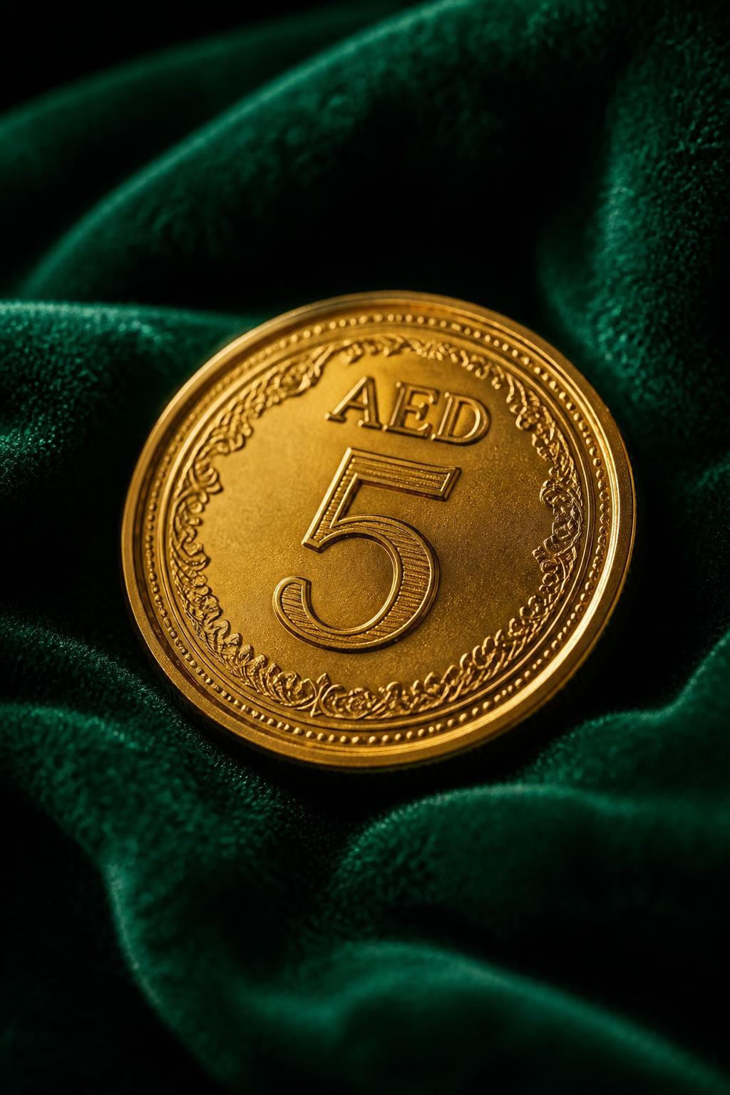 Golden 5 AED coin resting on emerald velvet
