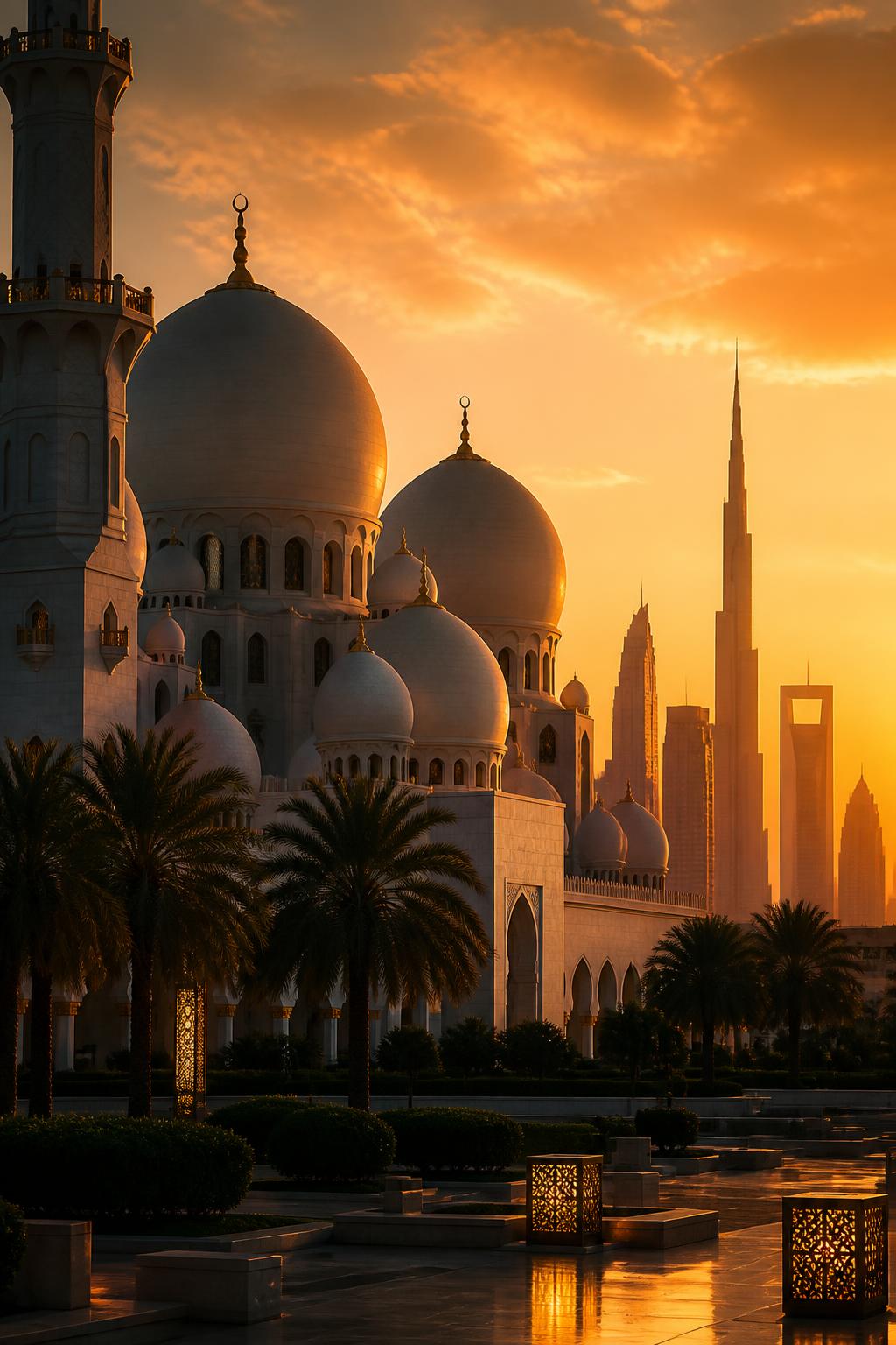 Sheikh Zayed Grand Mosque and Dubai skyline at golden hour