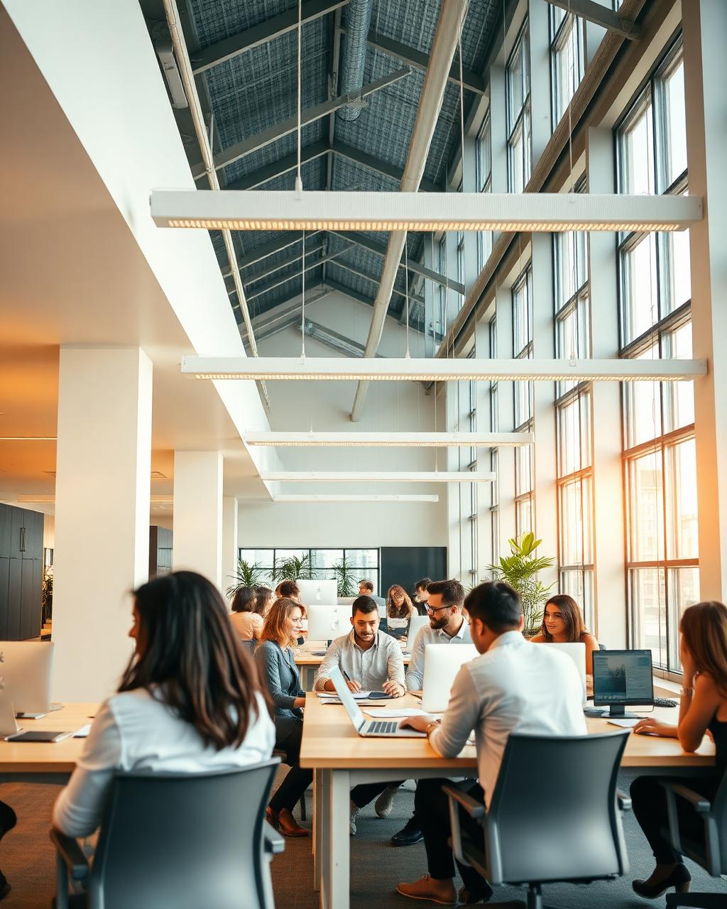Young professionals collaborating in a bright, high-ceiling office