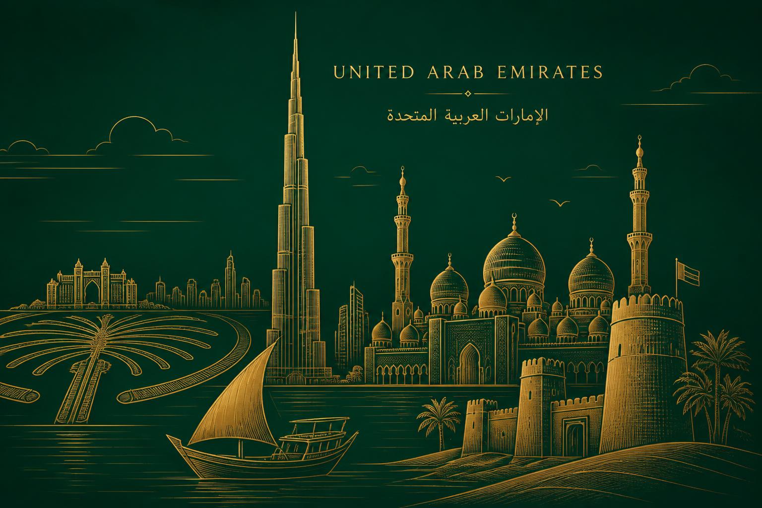 Golden line illustration of UAE landmarks: Burj Khalifa, Sheikh Zayed Mosque, palm island, desert fort and a dhow
